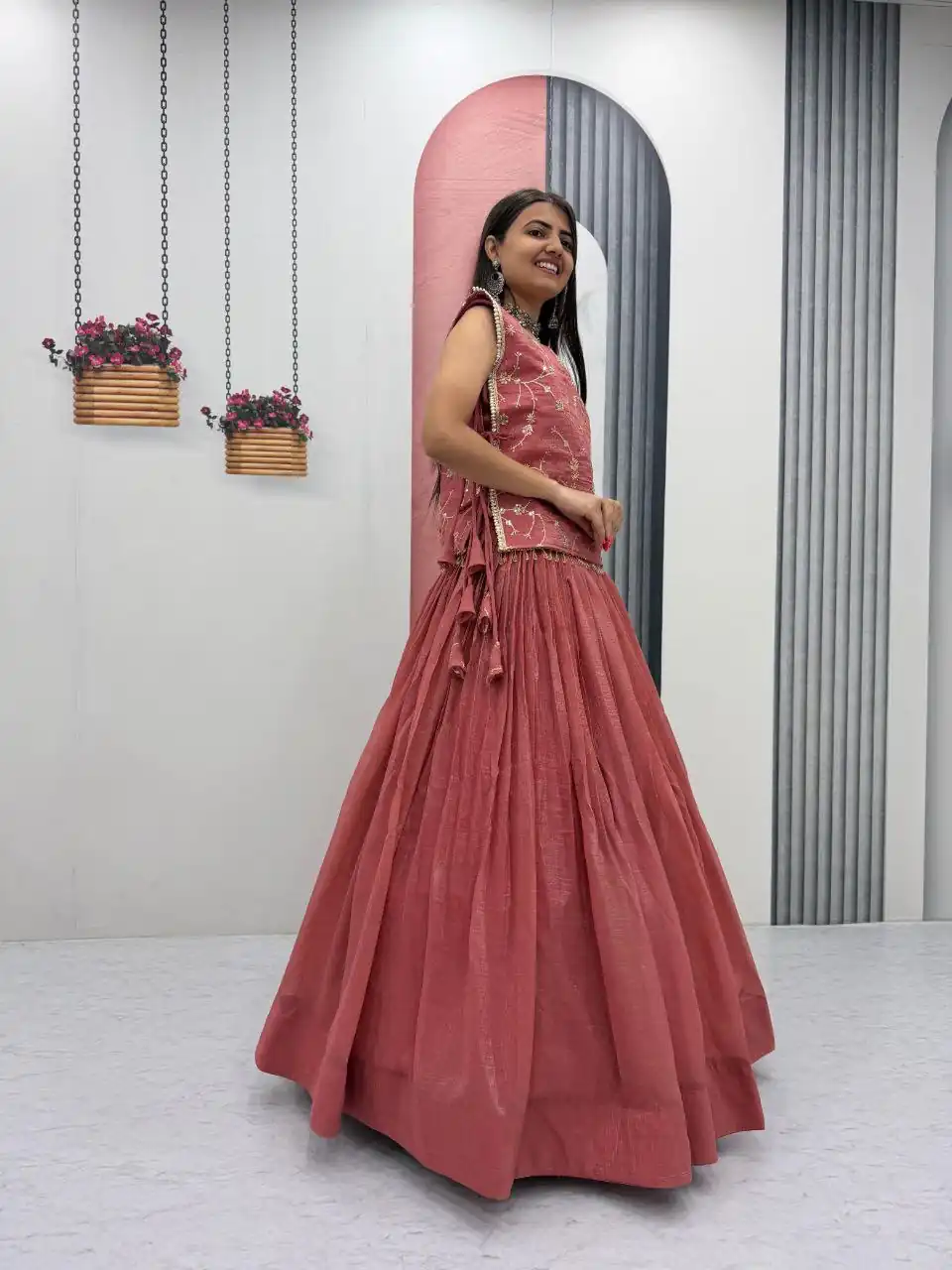 Pretty Peach Crunchy Silk With Sequins Work Lehenga Choli - Image 7