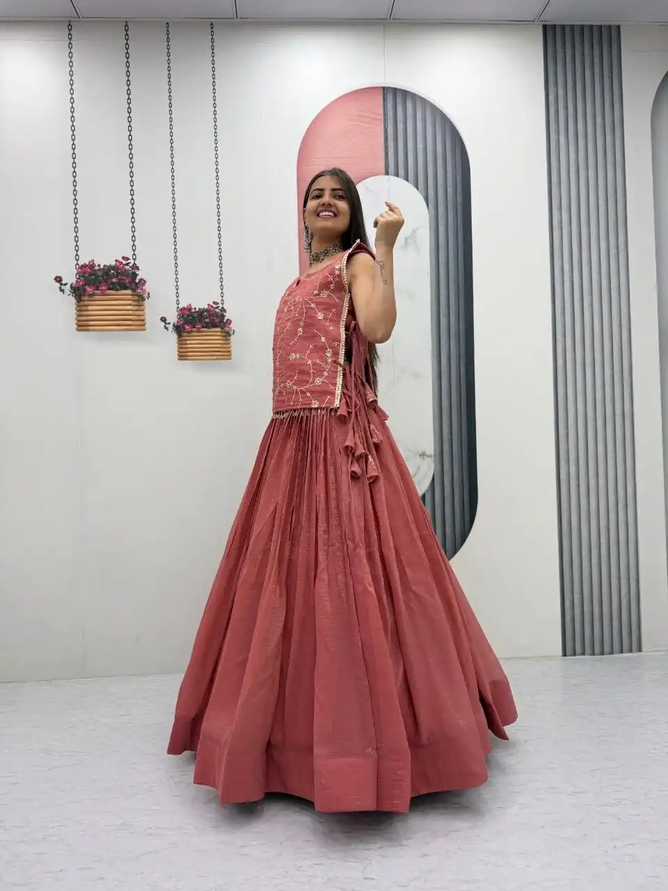 Pretty Peach Crunchy Silk With Sequins Work Lehenga Choli - Image 6