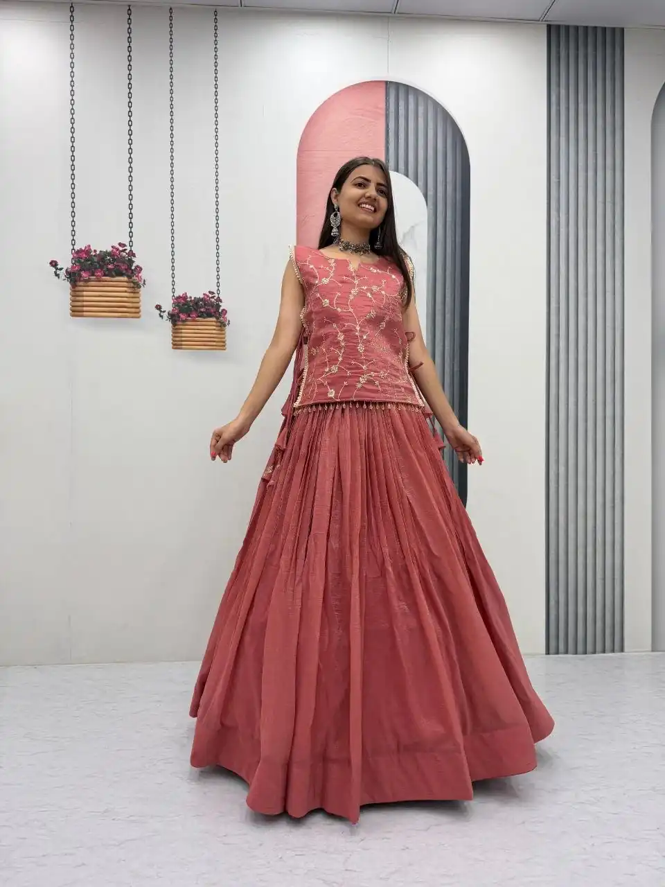 Pretty Peach Crunchy Silk With Sequins Work Lehenga Choli - Image 5