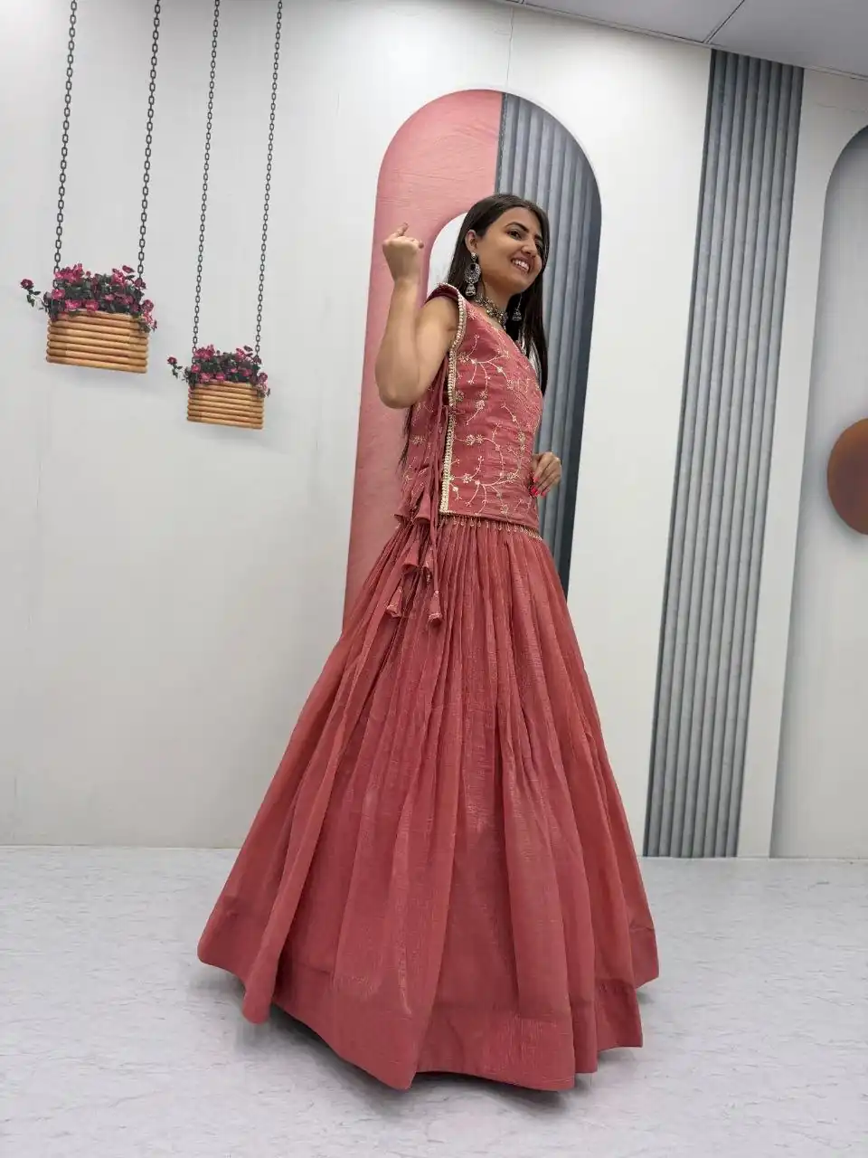 Pretty Peach Crunchy Silk With Sequins Work Lehenga Choli - Image 4