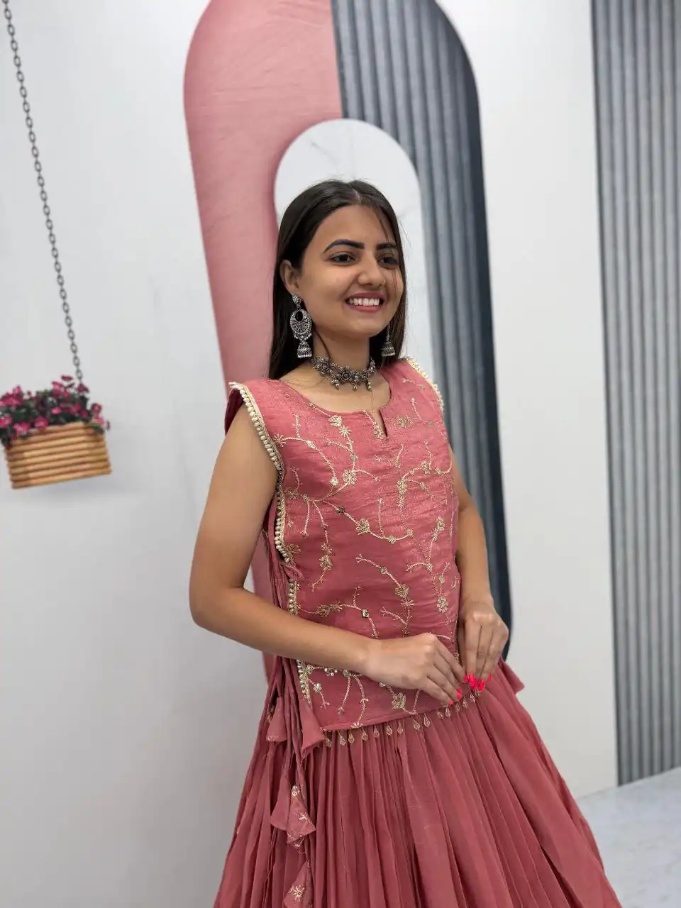 Pretty Peach Crunchy Silk With Sequins Work Lehenga Choli - Image 3