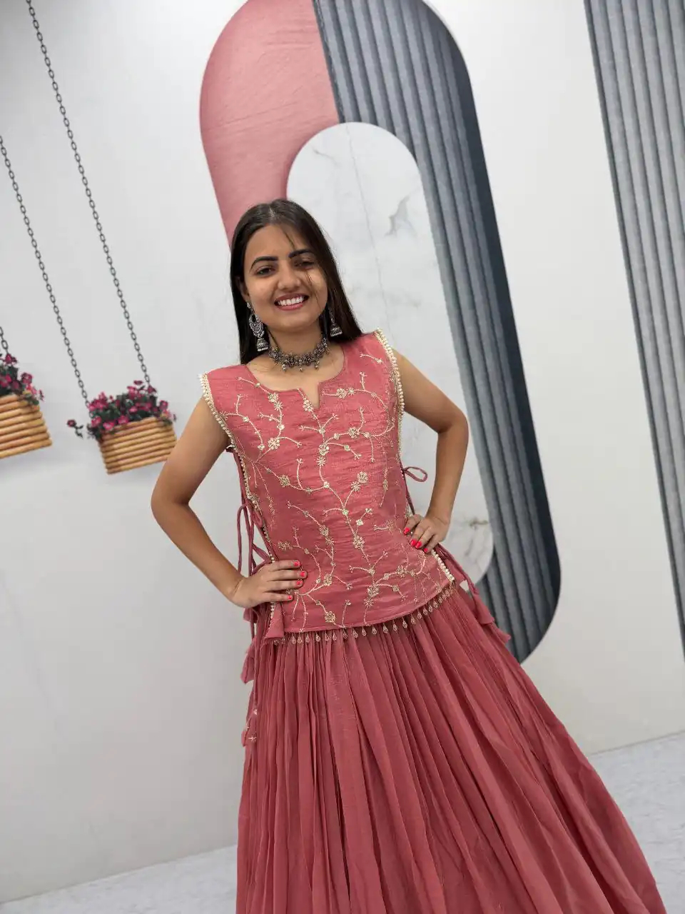Pretty Peach Crunchy Silk With Sequins Work Lehenga Choli