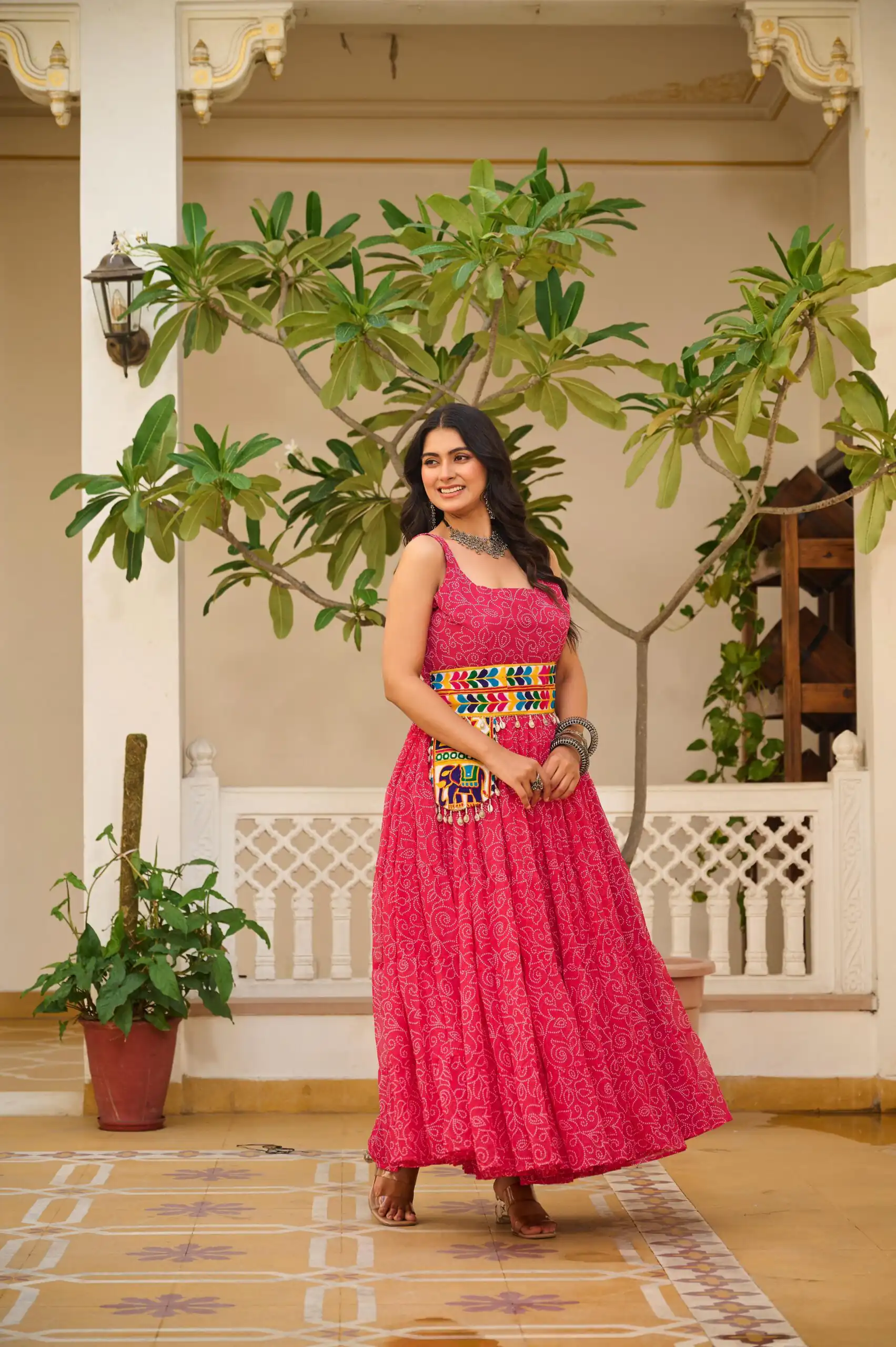 Pretty Pink Faux Georgette Mirror Gamathi Work Gown - Image 2