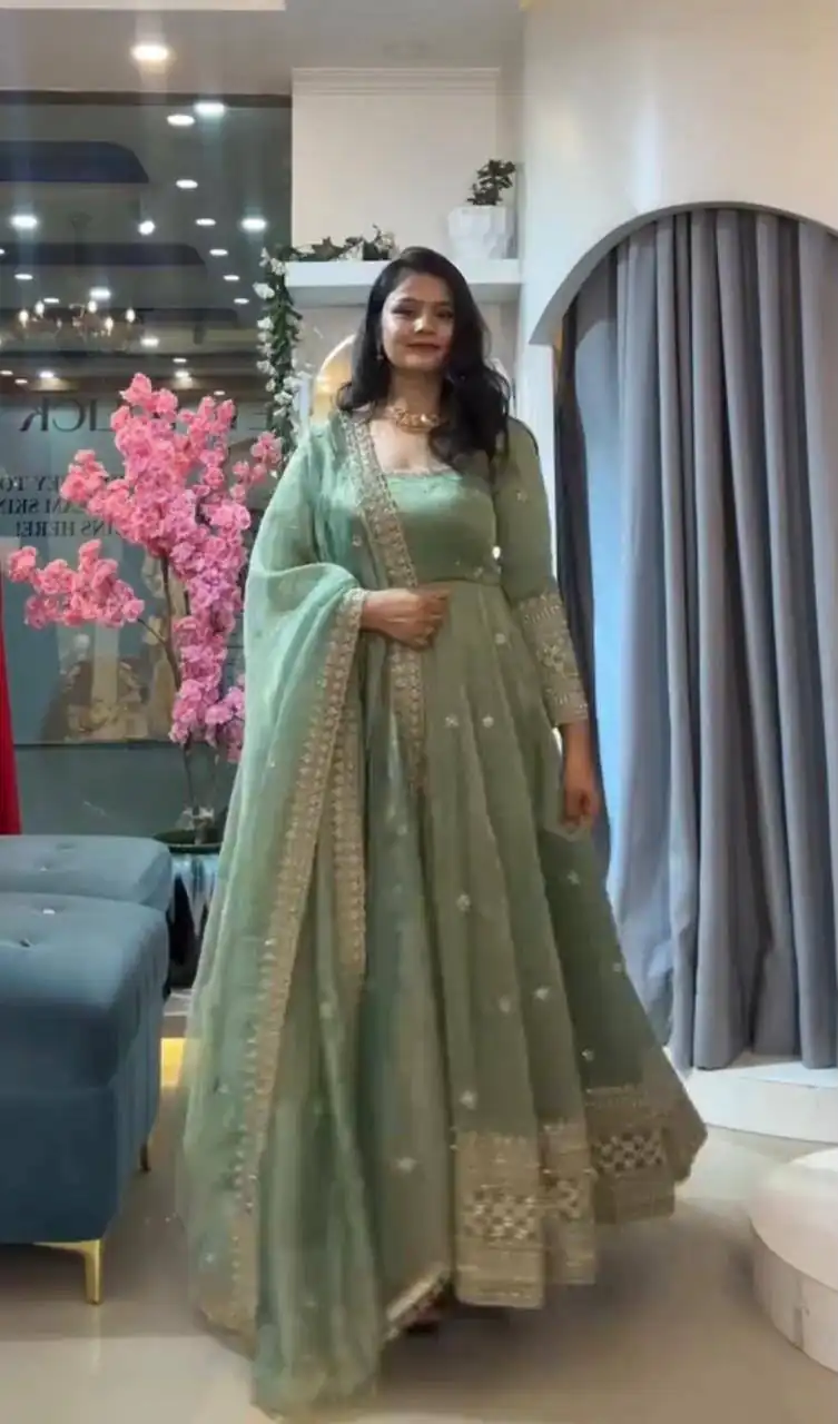 Pretty Pista Gold Crazy Embroidery Sequins Work Gown