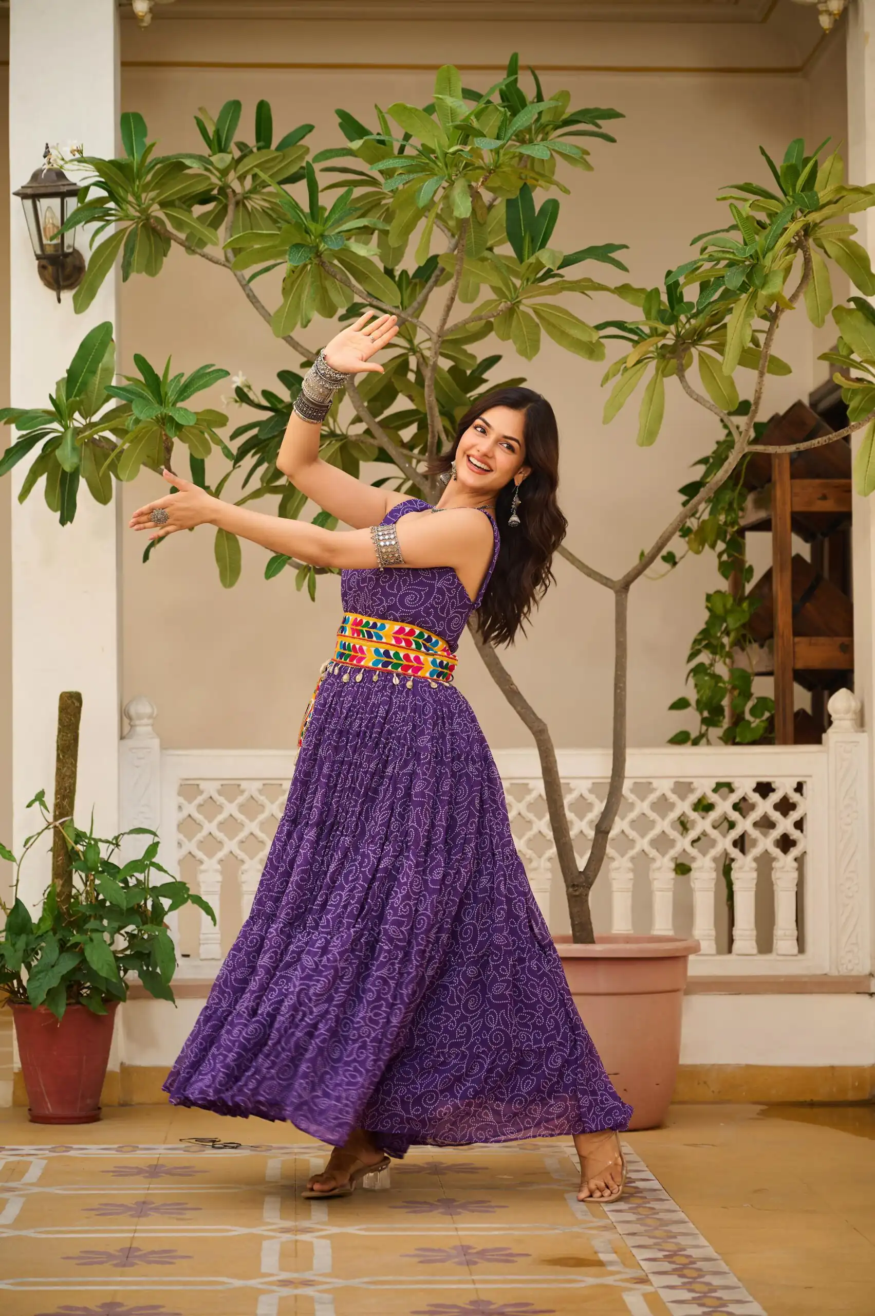 Pretty Purple Faux Georgette Mirror Gamathi Work Gown - Image 3