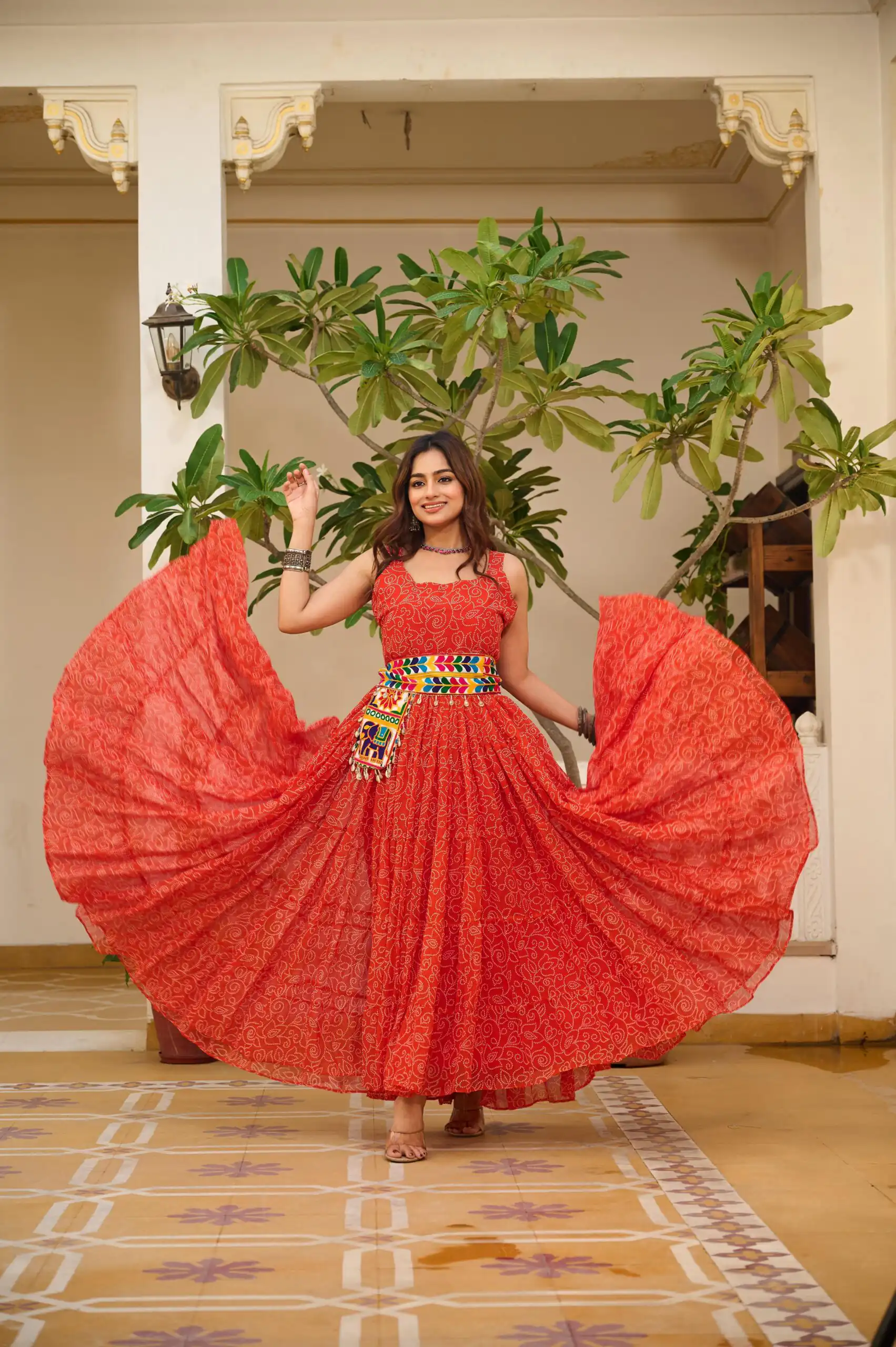 Pretty Red Faux Georgette Mirror Gamathi Work Gown