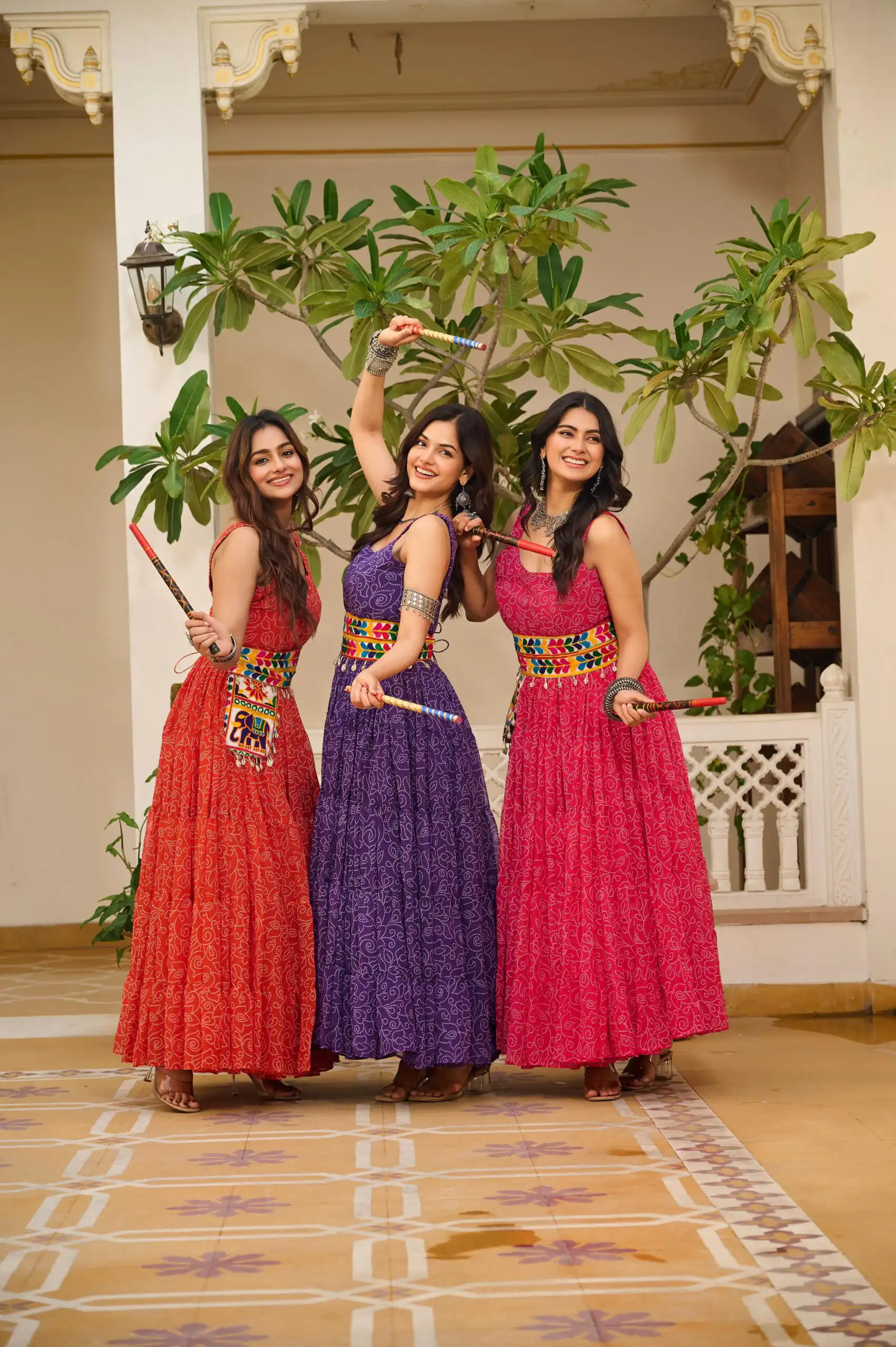 Pretty Red Faux Georgette Mirror Gamathi Work Gown - Image 4