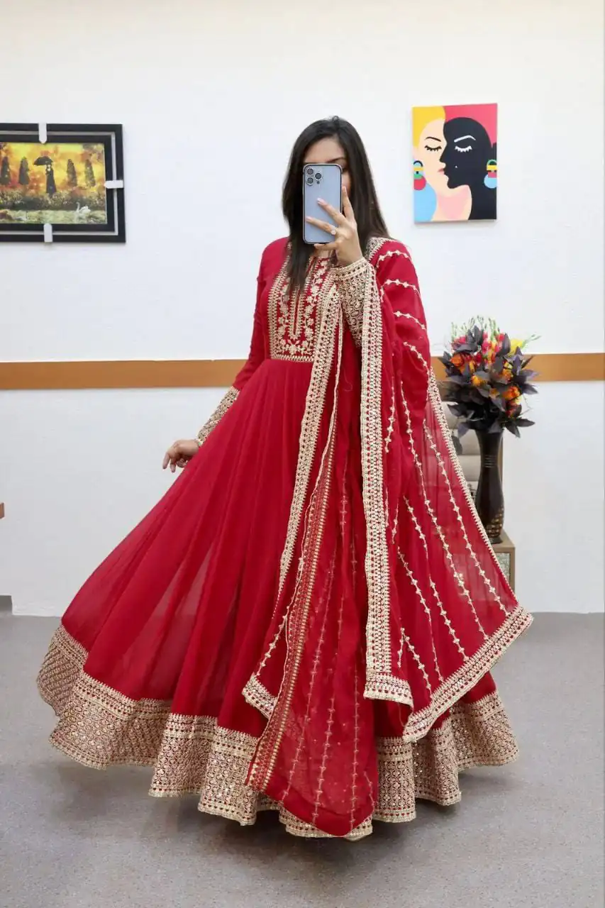 Pretty Red Fox Georgette Sequins Work Gown