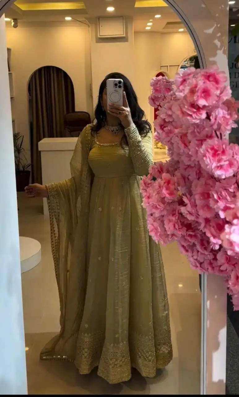 Pretty Yellow Gold Crazy Embroidery Sequins Work Gown