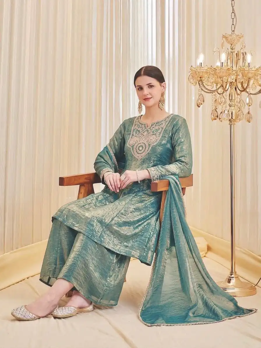Shiny Blue Fandy Silk Embroider Sequins Work Salwar Suit - Image 3