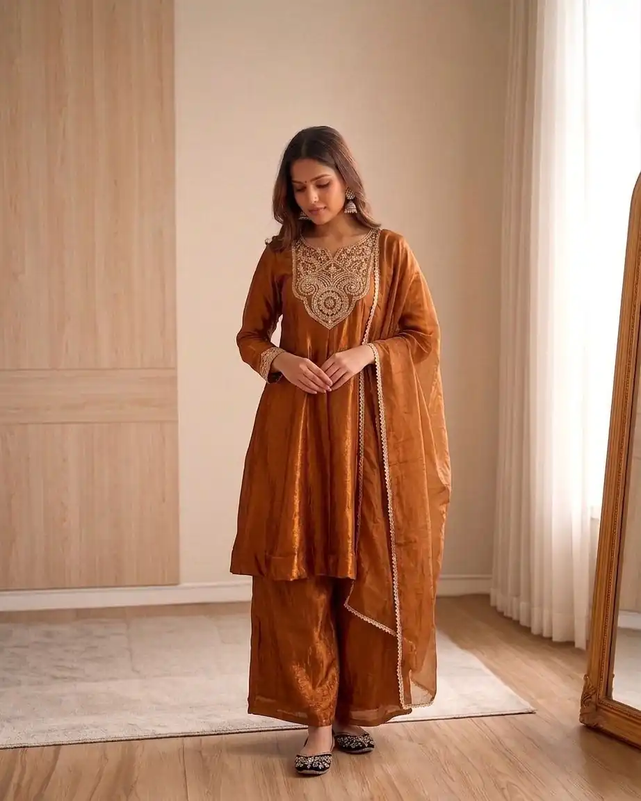 Shiny Brown Fandy Silk Embroider Sequins Work Salwar Suit - Image 4