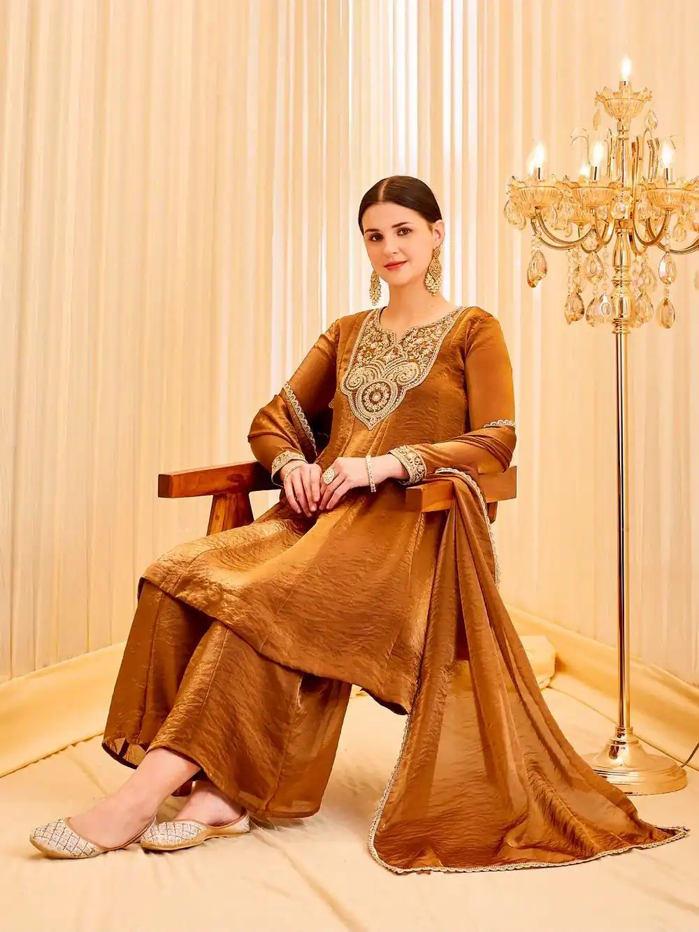 Shiny Brown Fandy Silk Embroider Sequins Work Salwar Suit - Image 3