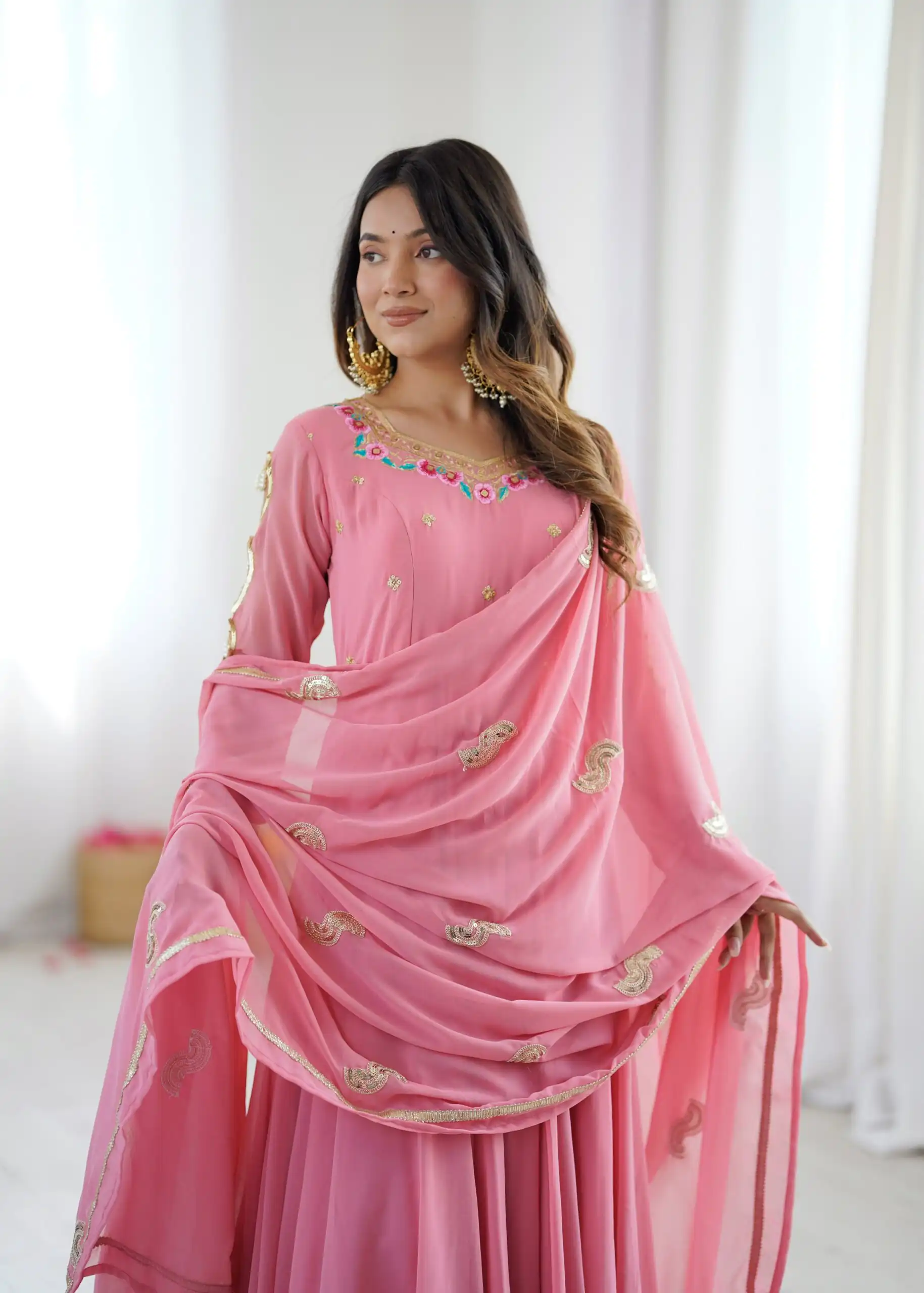 Shiny Dusty Pink Faux Georgette Sequins Work Gown - Image 11