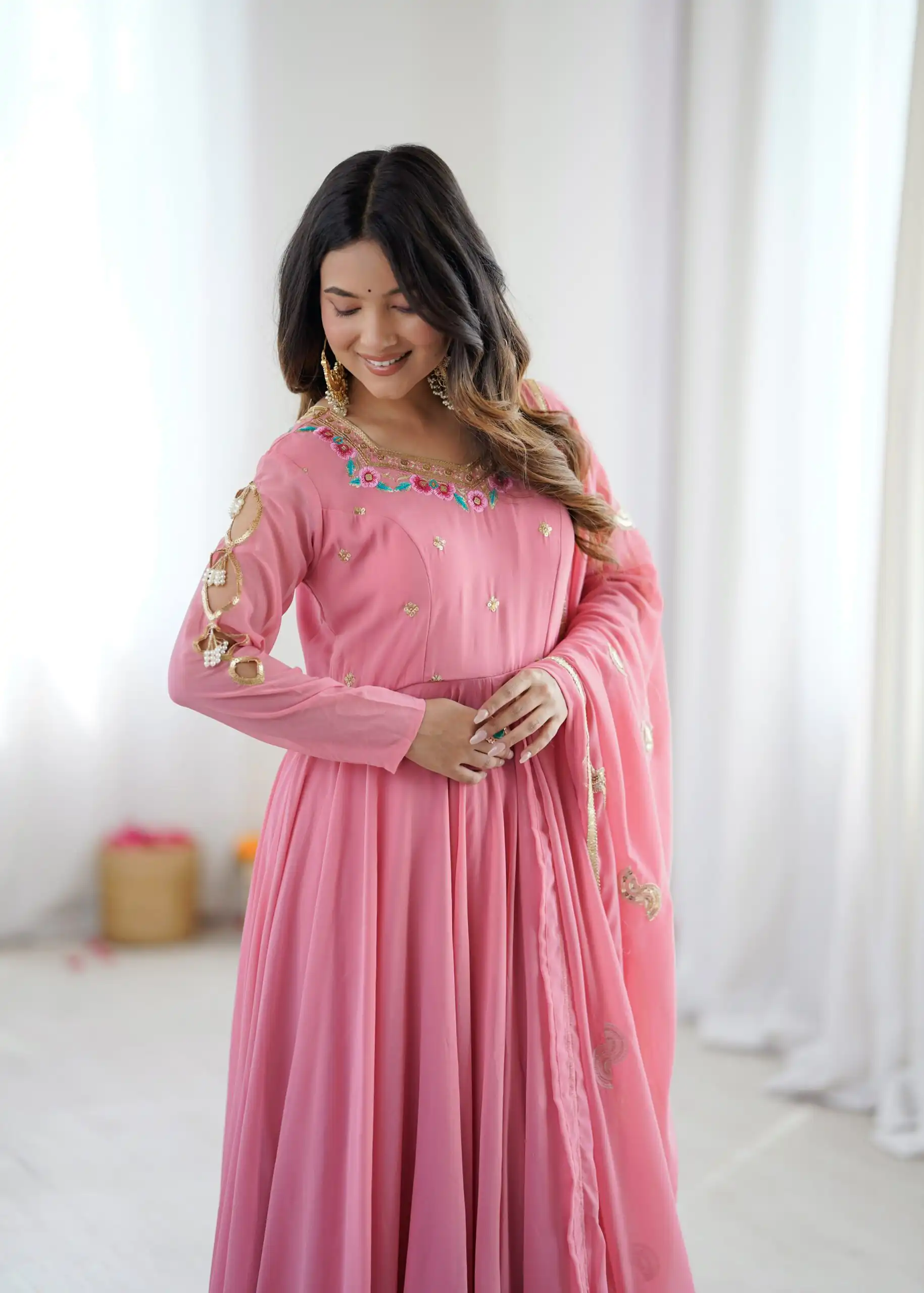 Shiny Dusty Pink Faux Georgette Sequins Work Gown - Image 10