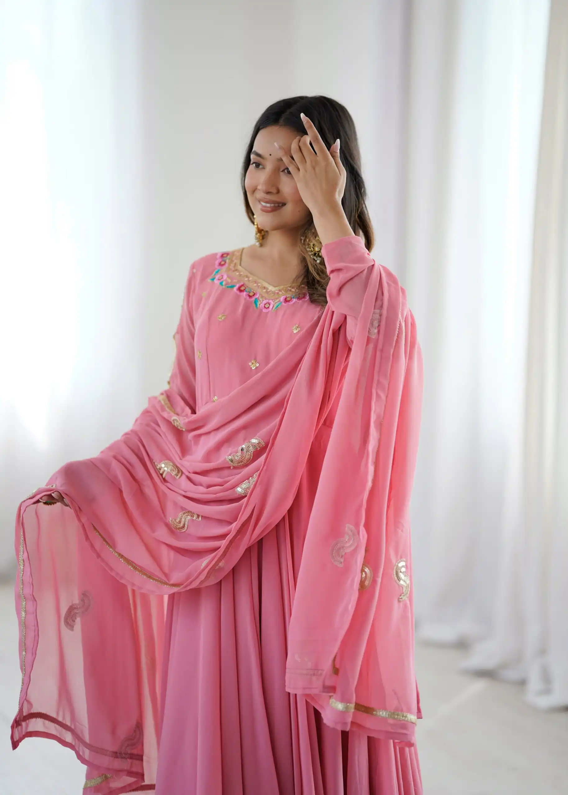Shiny Dusty Pink Faux Georgette Sequins Work Gown - Image 6