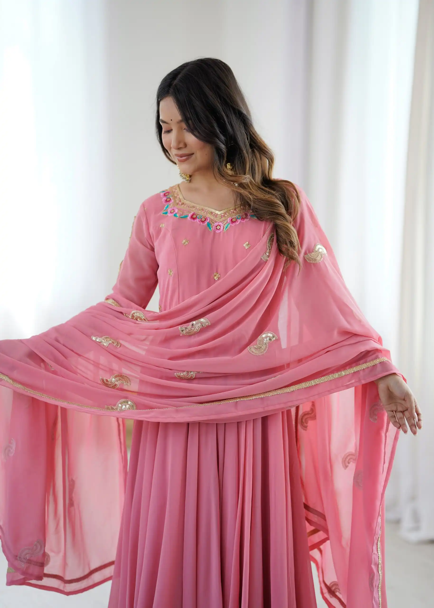 Shiny Dusty Pink Faux Georgette Sequins Work Gown - Image 5