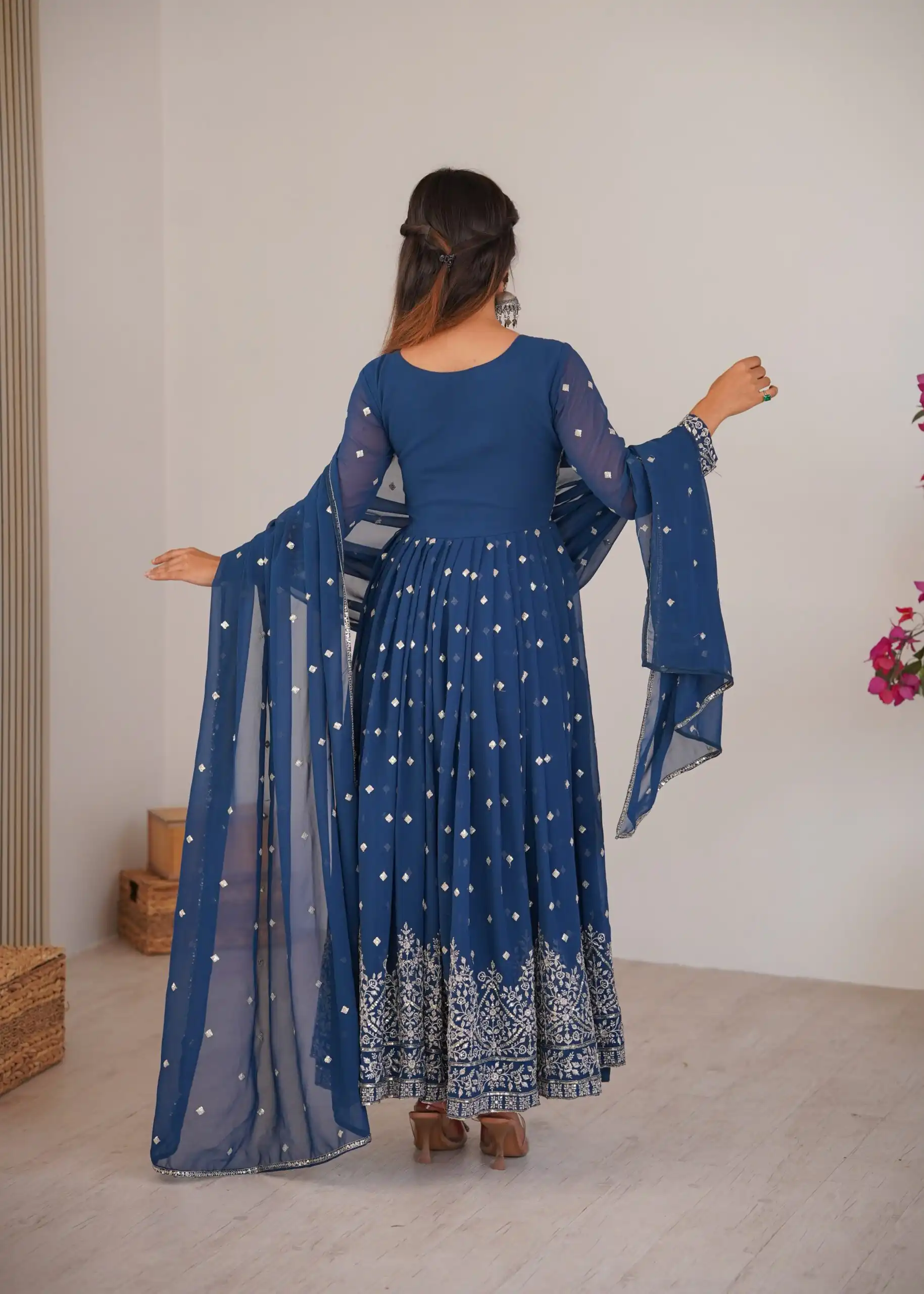 Shiny Navy Blue Faux Georgette Thread Work Anarkali Suit - Image 5
