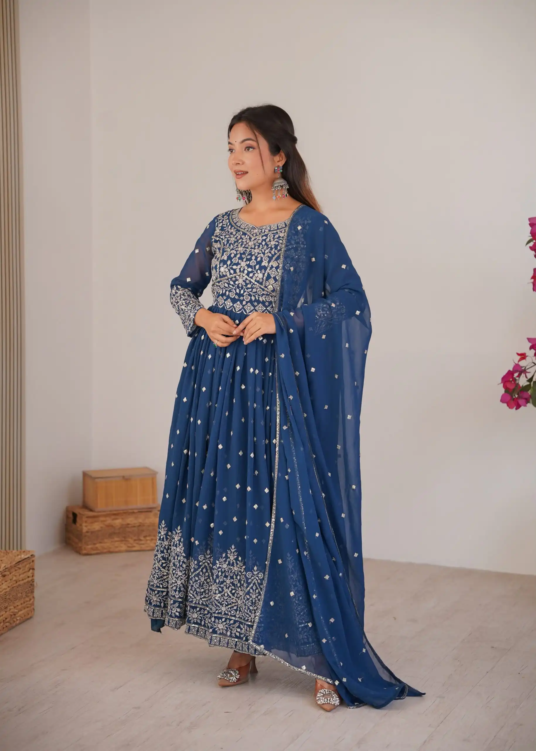 Shiny Navy Blue Faux Georgette Thread Work Anarkali Suit