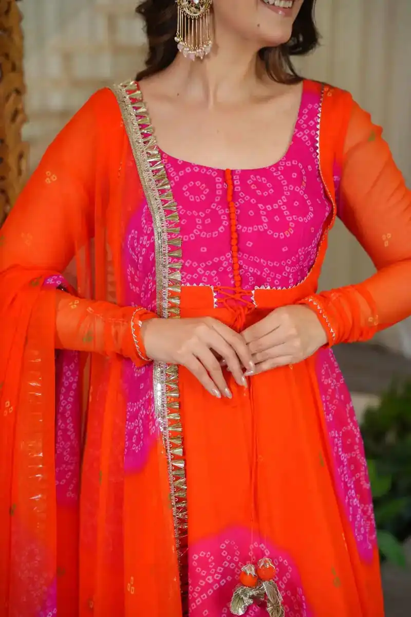 Shiny Orange Faux Georgette Digital Print Anarkali Suit - Image 4