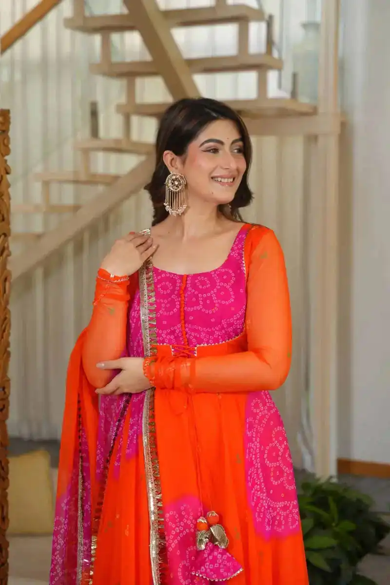 Shiny Orange Faux Georgette Digital Print Anarkali Suit - Image 3