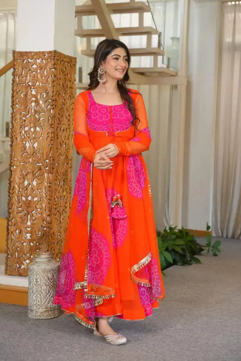 Shiny Orange Faux Georgette Digital Print Anarkali Suit - Image 2