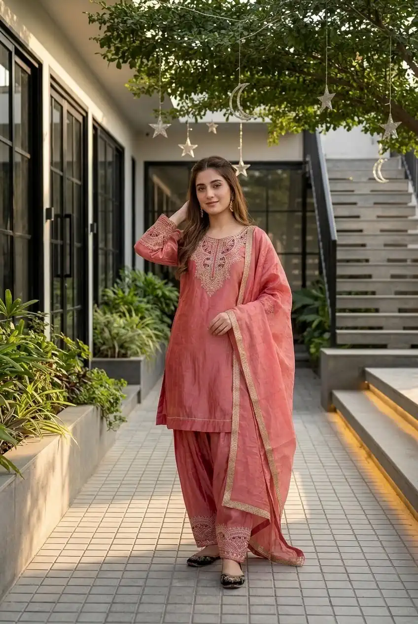 Shiny Peach Fandy Silk Sequins Work Salwar Suit - Image 2