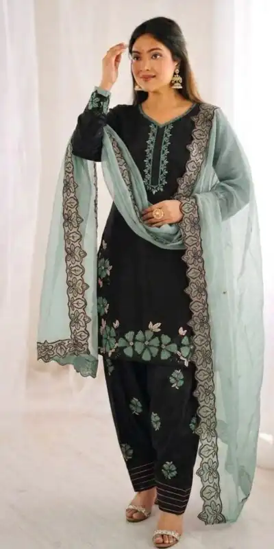 Shiny Pista Roman Glass Embroidery Work Salwar Suit