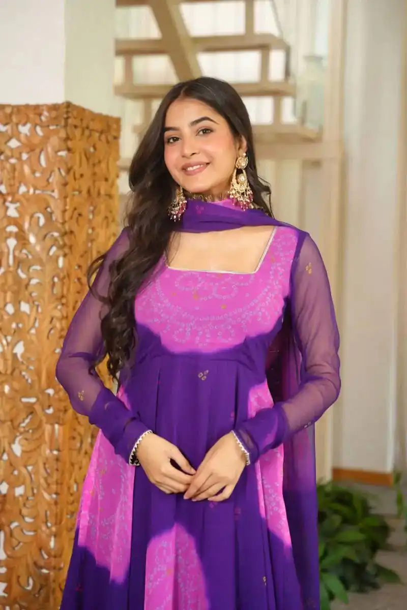 Shiny Purple Faux Georgette Digital Print Anarkali Suit - Image 4