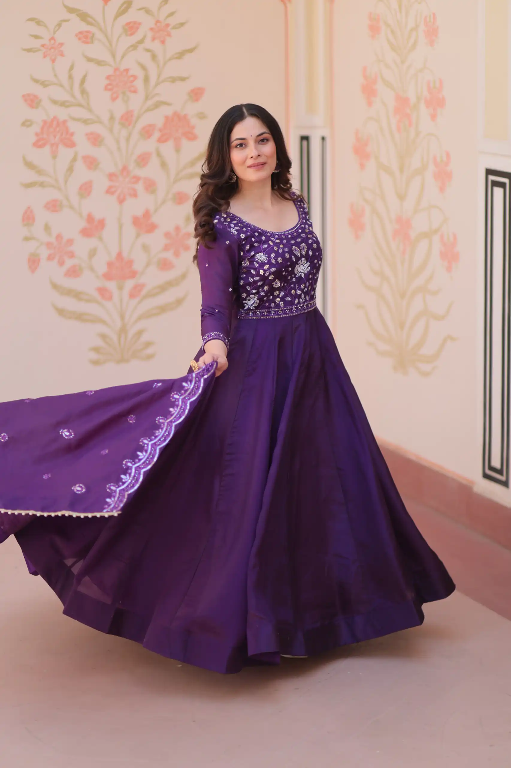 Shiny Purple Gold Crush Beads Embroidery Work Gown - Image 5