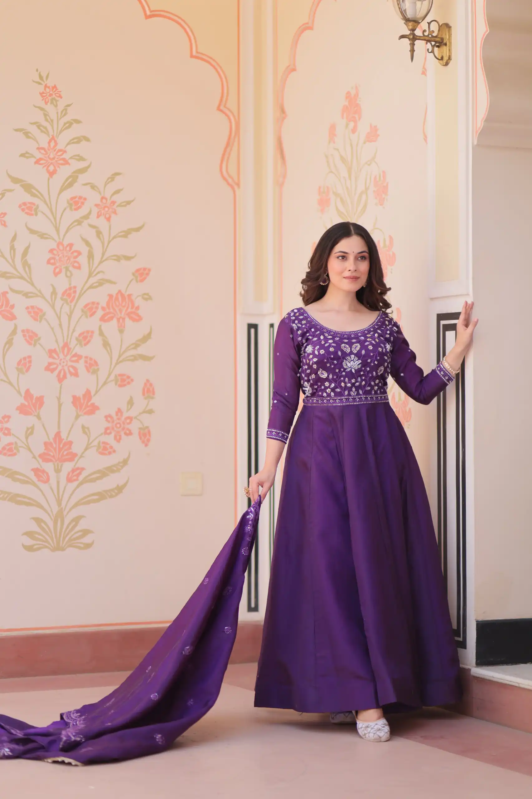 Shiny Purple Gold Crush Beads Embroidery Work Gown - Image 3