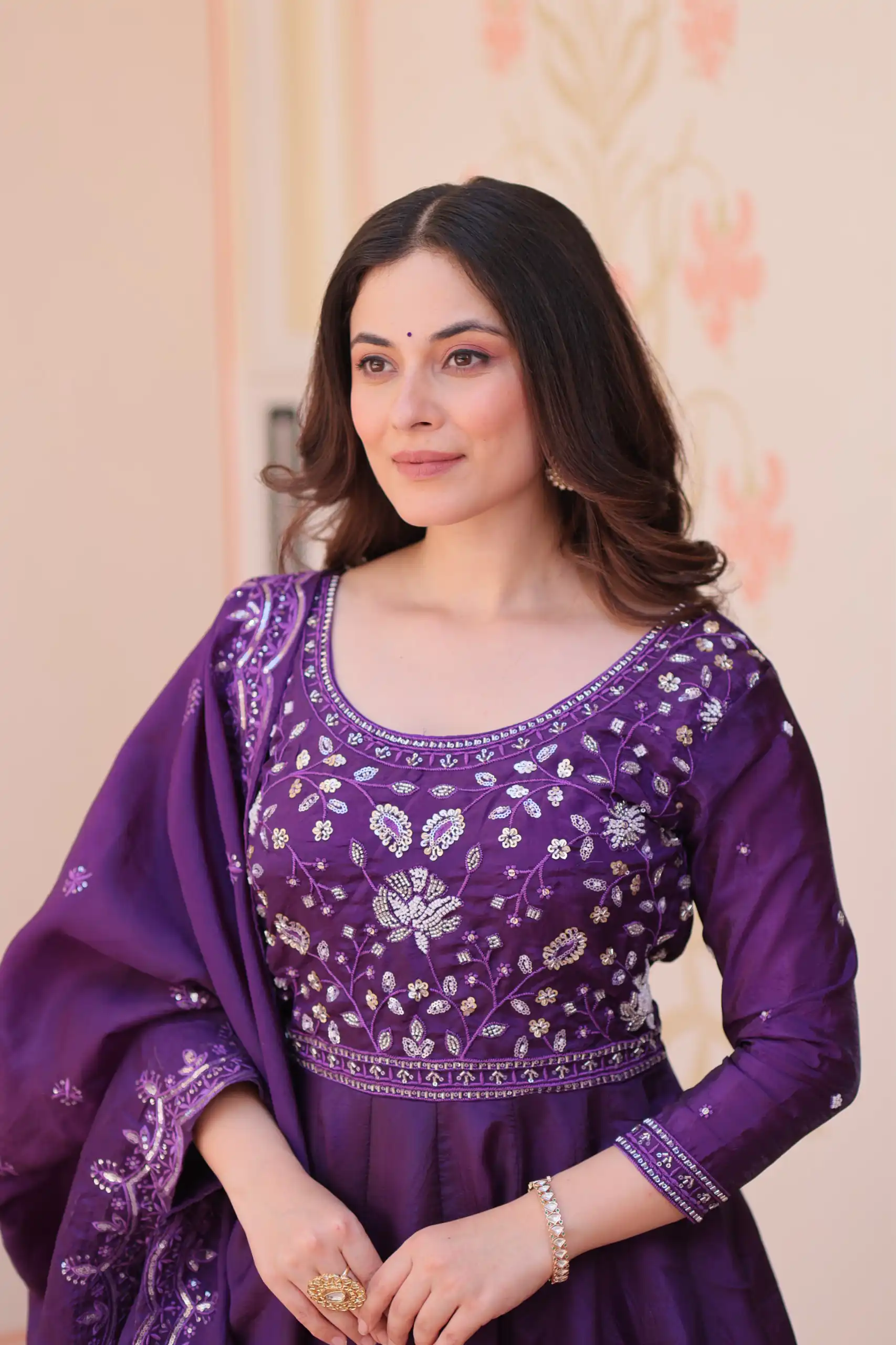 Shiny Purple Gold Crush Beads Embroidery Work Gown - Image 2