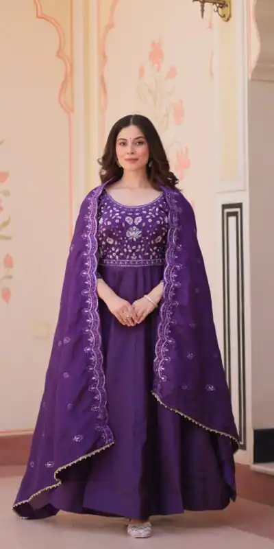 Shiny Purple Gold Crush Beads Embroidery Work Gown