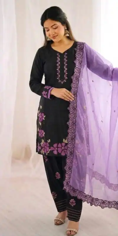 Shiny Purple Roman Glass Embroidery Work Salwar Suit