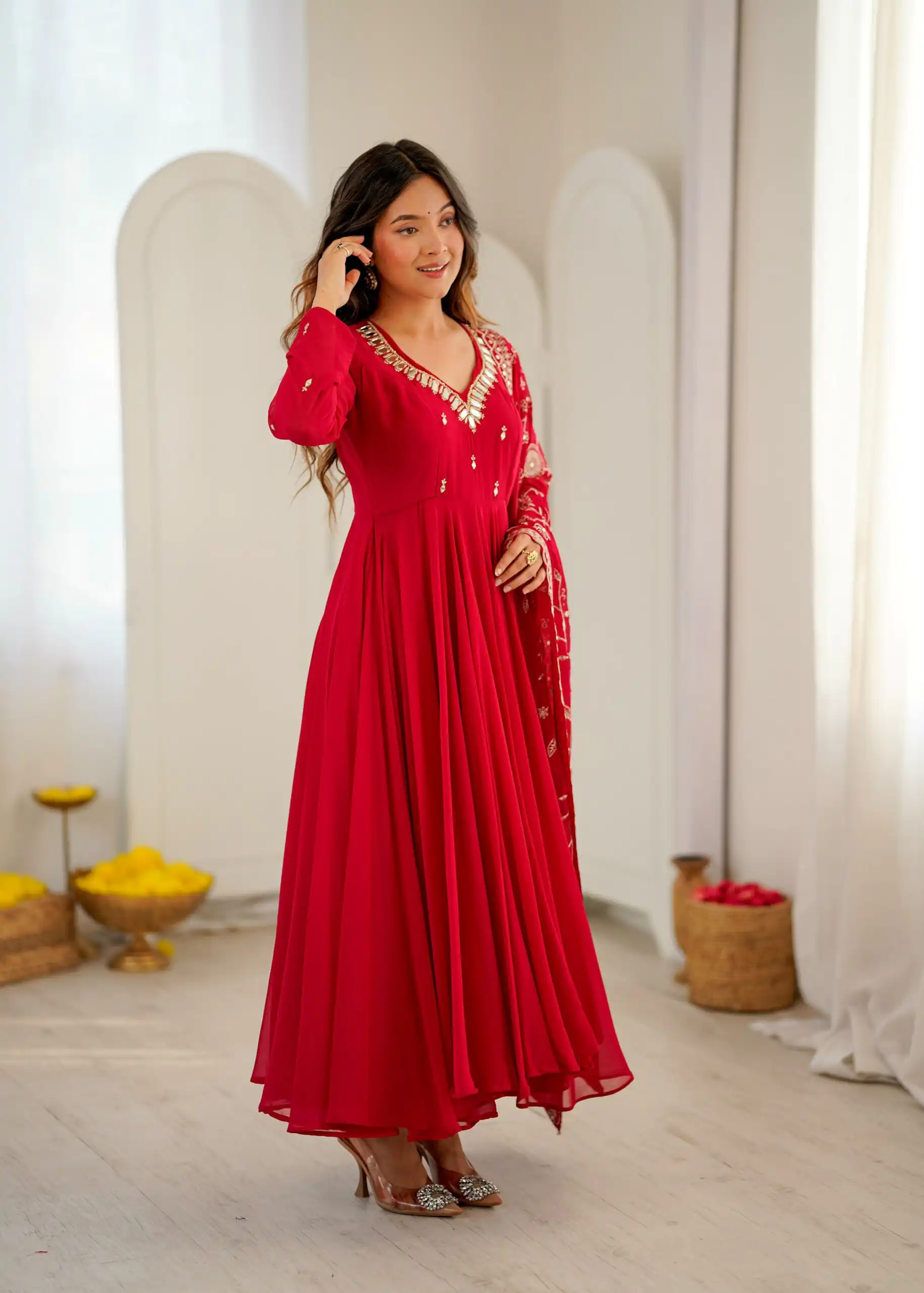 Shiny Red Faux Georgette Embroidery Mirror Work Gown - Image 16
