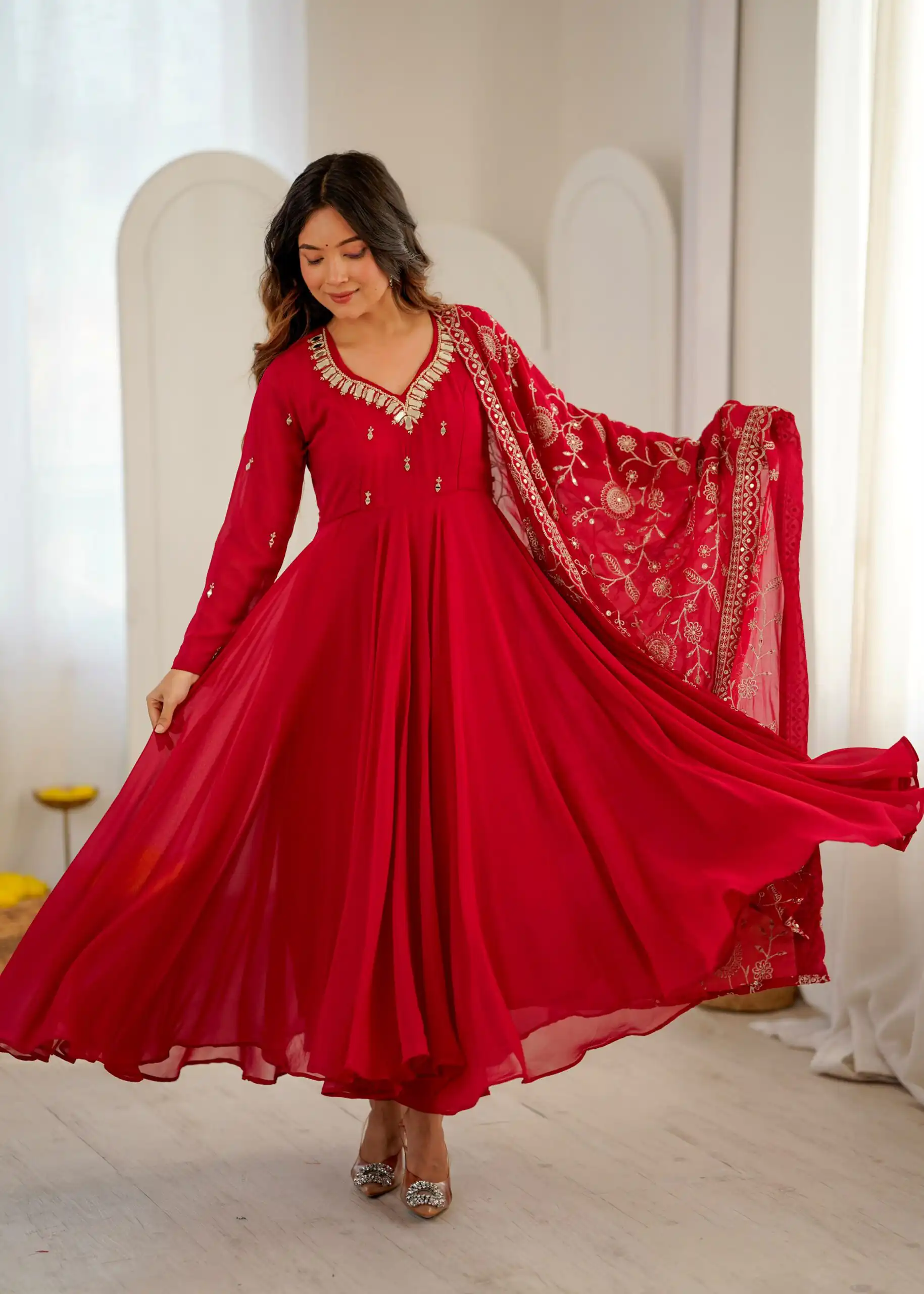 Shiny Red Faux Georgette Embroidery Mirror Work Gown - Image 8