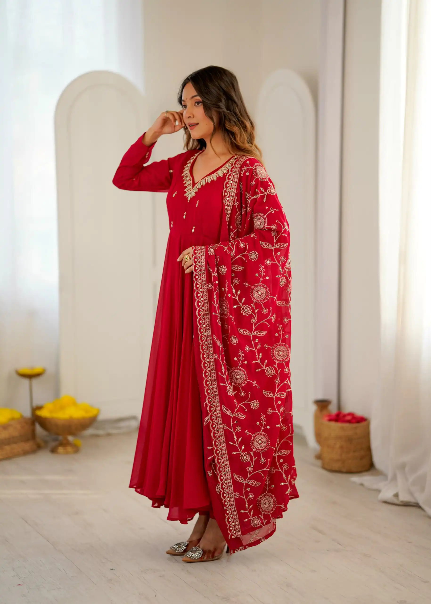Shiny Red Faux Georgette Embroidery Mirror Work Gown - Image 17