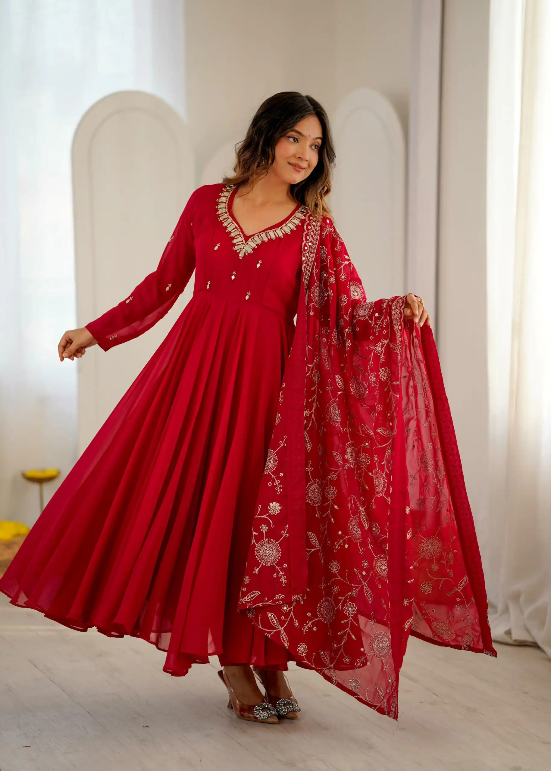 Shiny Red Faux Georgette Embroidery Mirror Work Gown - Image 11