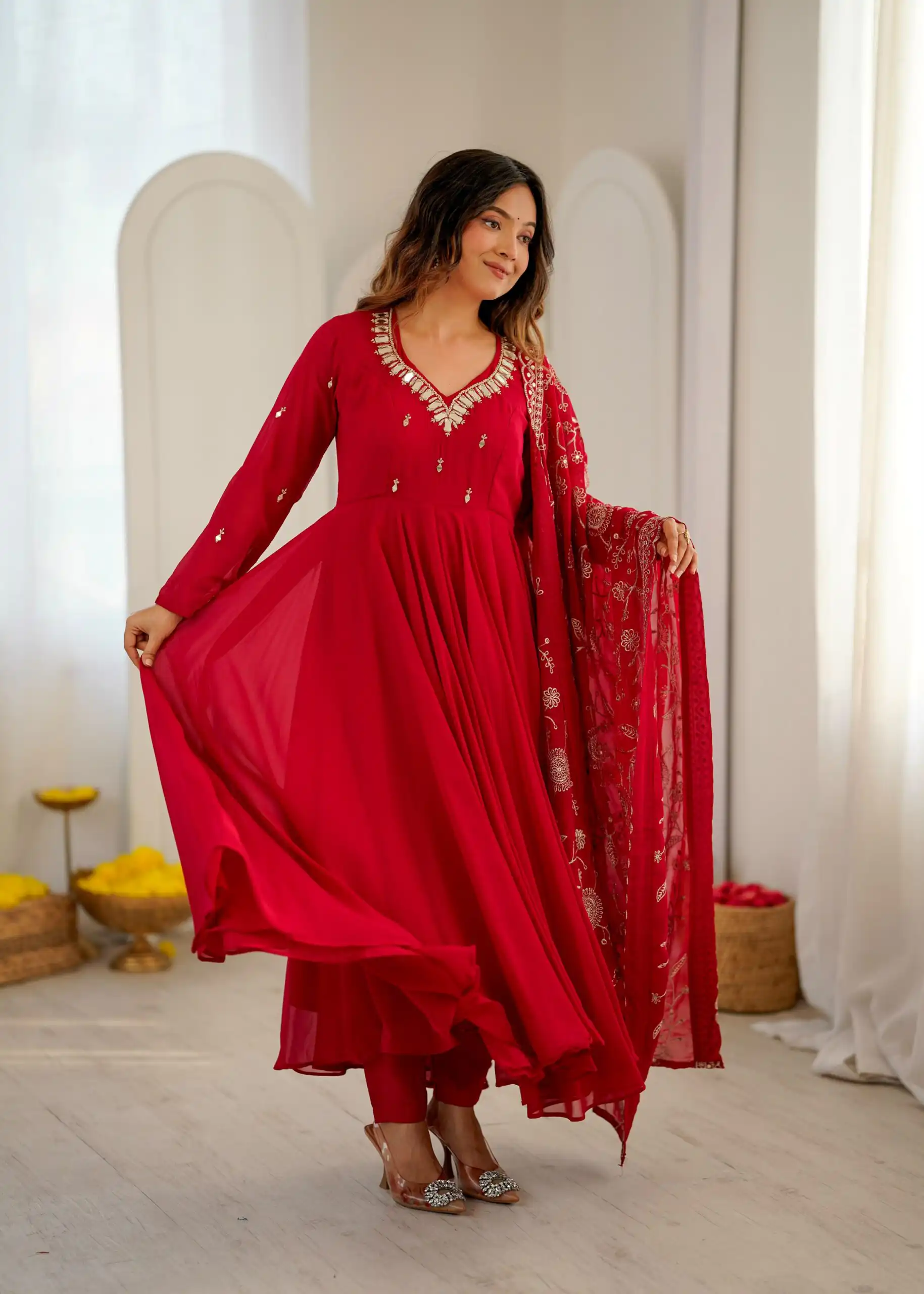 Shiny Red Faux Georgette Embroidery Mirror Work Gown - Image 10