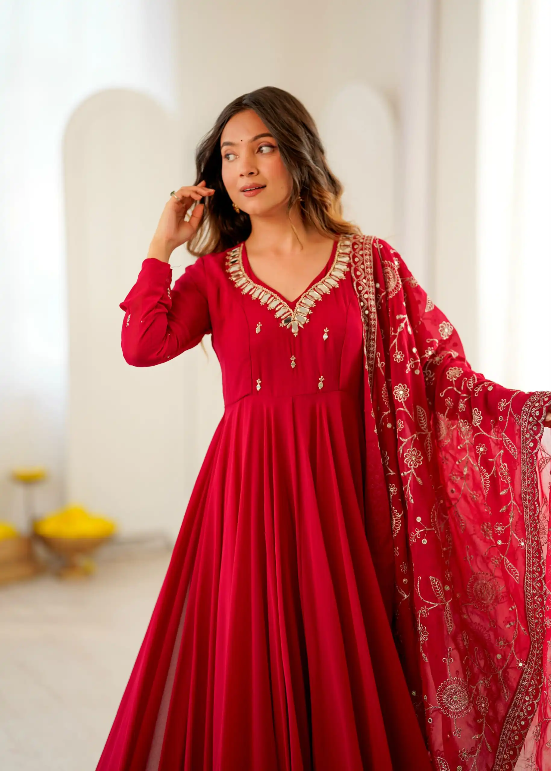Shiny Red Faux Georgette Embroidery Mirror Work Gown - Image 7