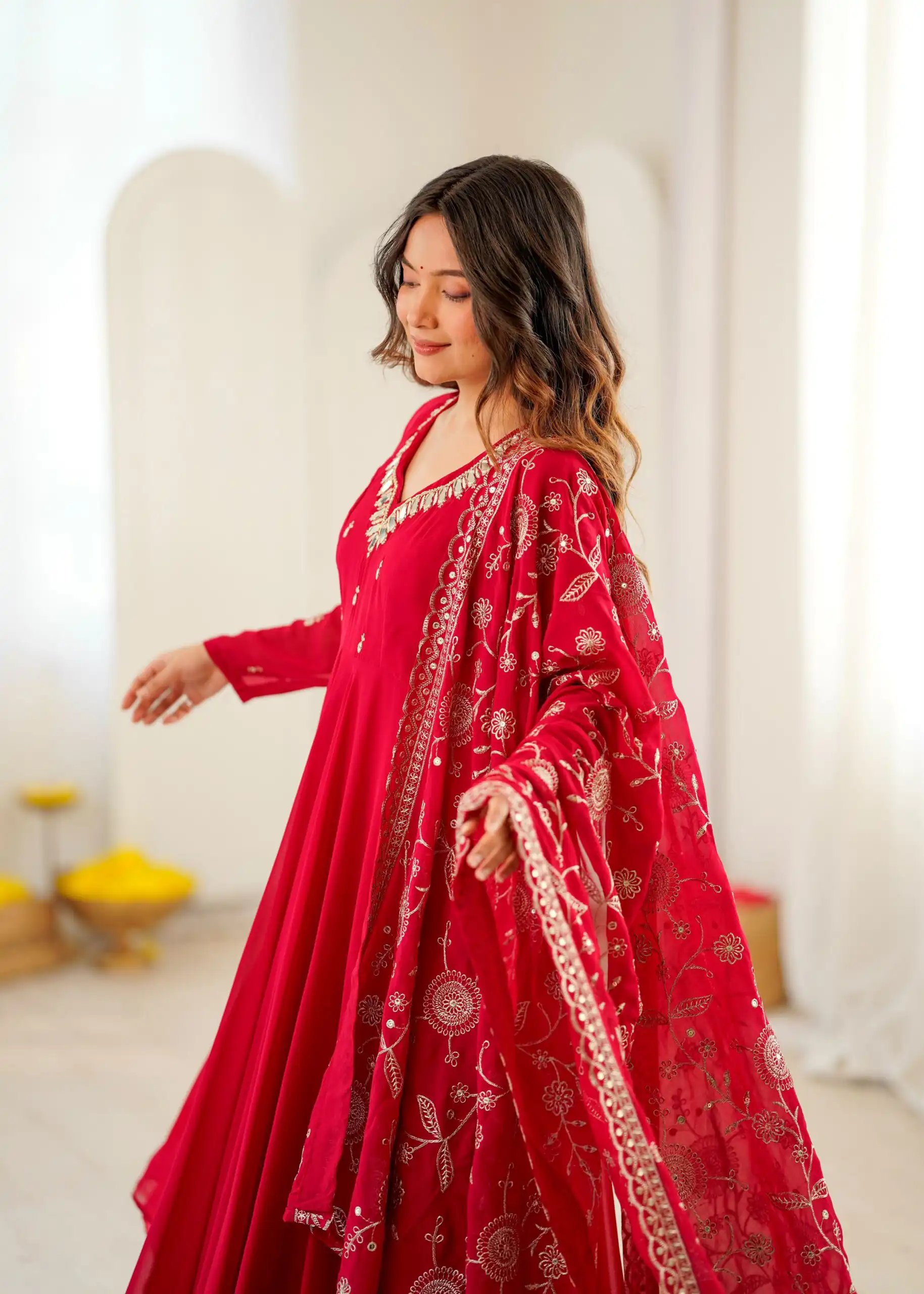 Shiny Red Faux Georgette Embroidery Mirror Work Gown - Image 6