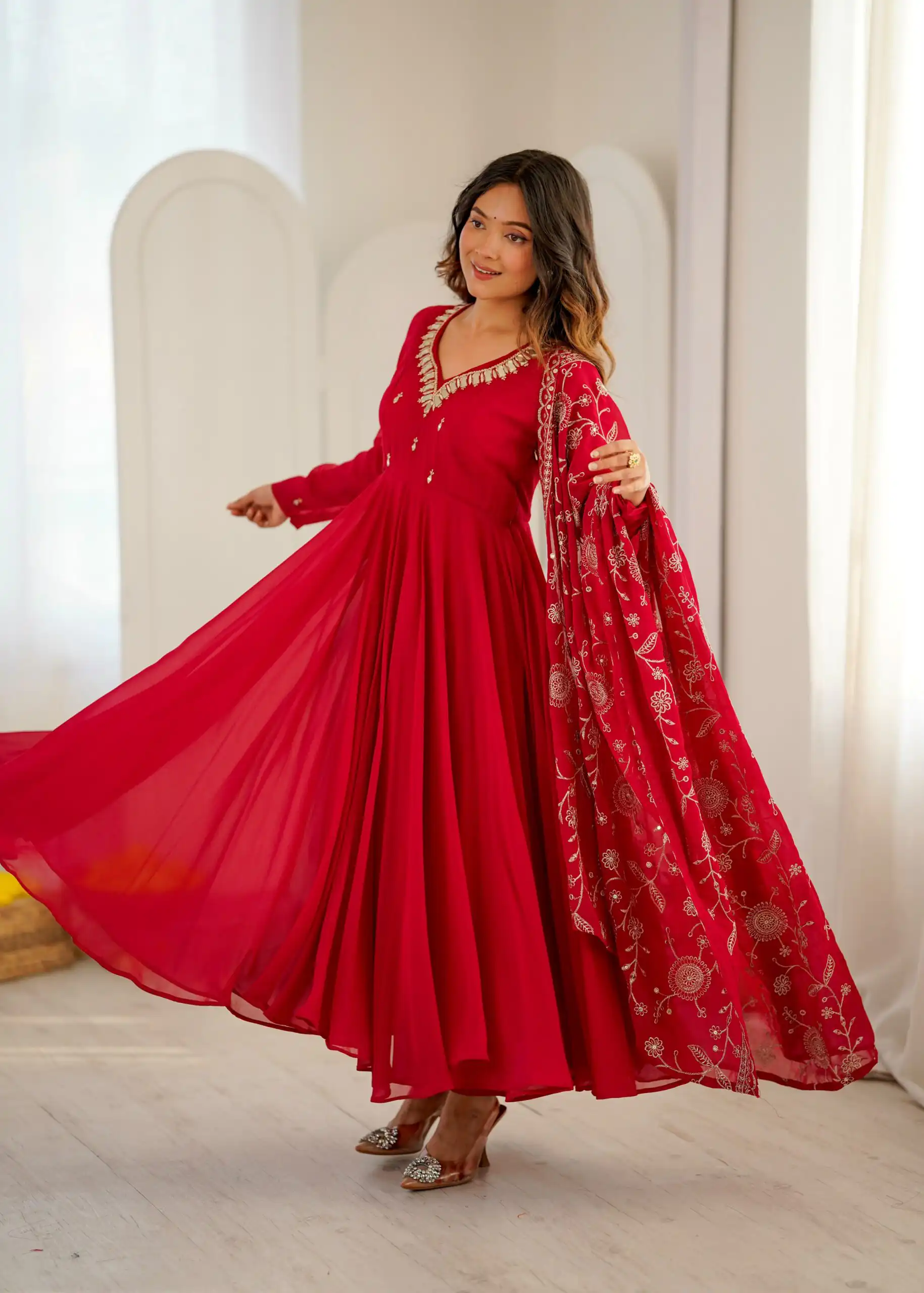Shiny Red Faux Georgette Embroidery Mirror Work Gown - Image 5