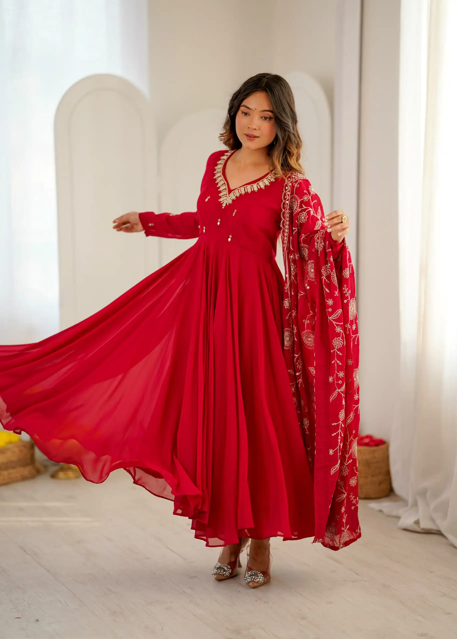 Shiny Red Faux Georgette Embroidery Mirror Work Gown - Image 3