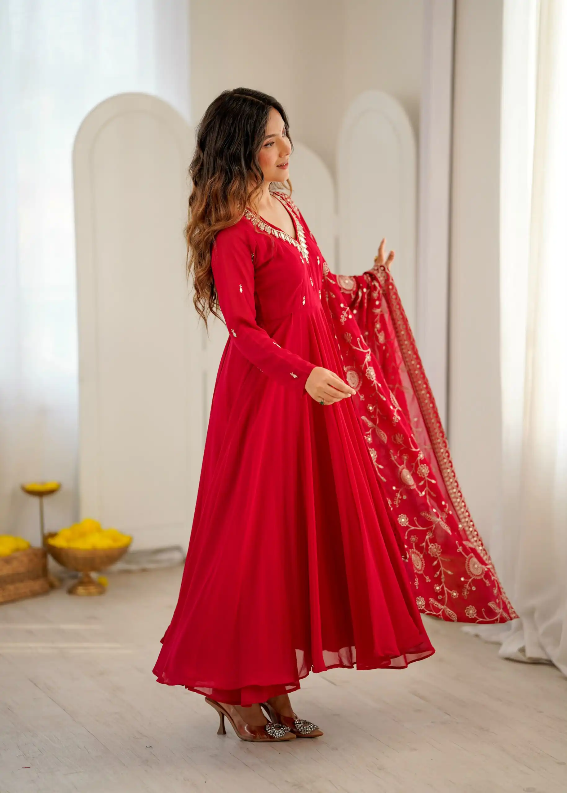 Shiny Red Faux Georgette Embroidery Mirror Work Gown - Image 12