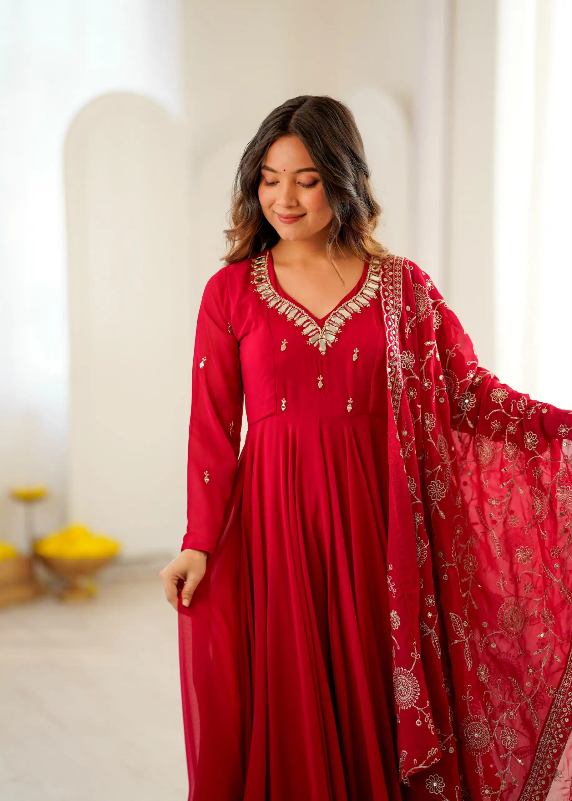 Shiny Red Faux Georgette Embroidery Mirror Work Gown - Image 14