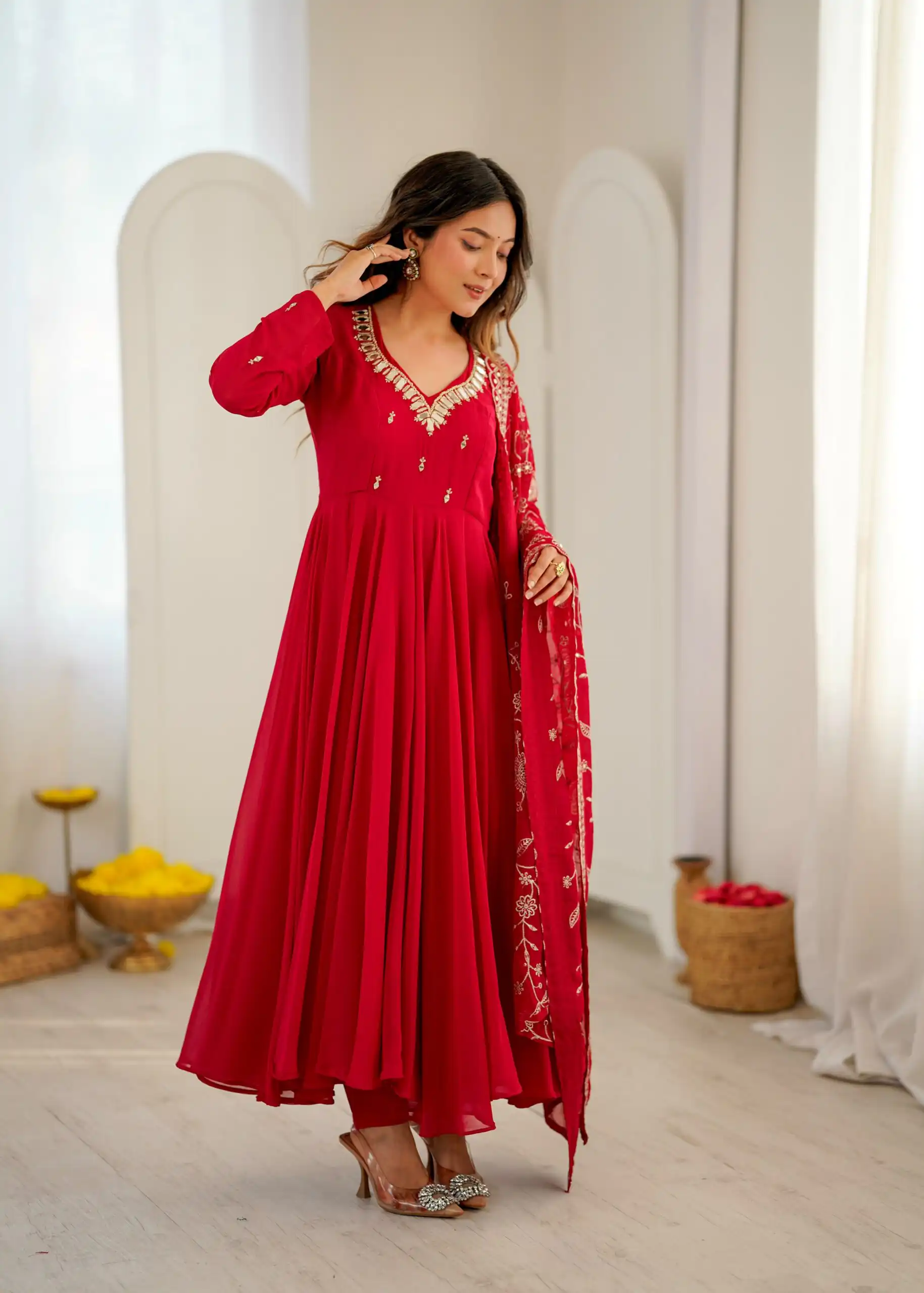 Shiny Red Faux Georgette Embroidery Mirror Work Gown - Image 15