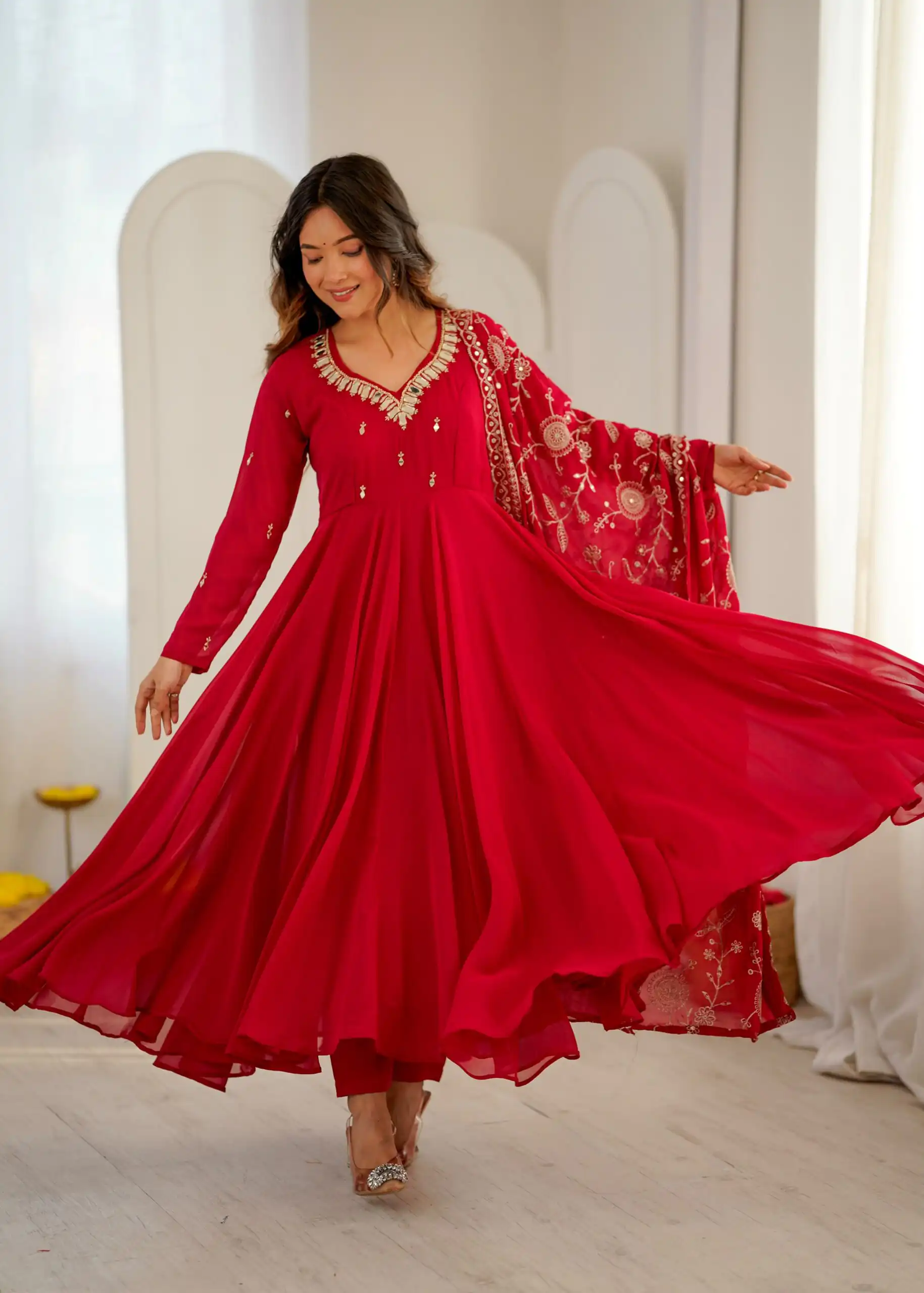 Shiny Red Faux Georgette Embroidery Mirror Work Gown - Image 4
