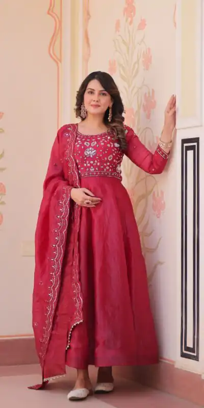 Shiny Red Gold Crush Beads Embroidery Work Gown