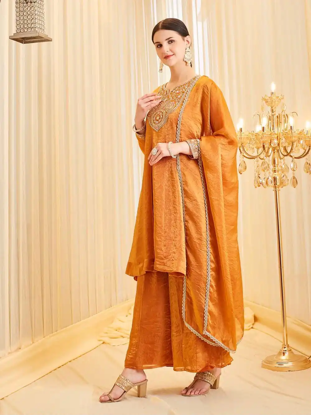 Shiny Rust Fandy Silk Embroider Sequins Work Salwar Suit - Image 2