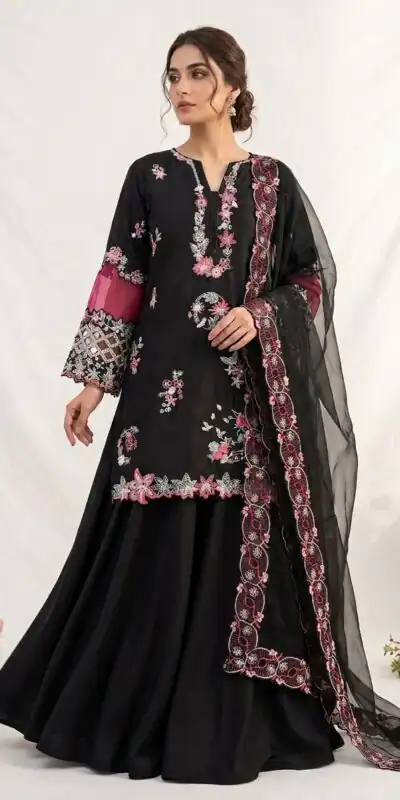 Simple Black Crape Silk Embroidery Work Salwar Suit