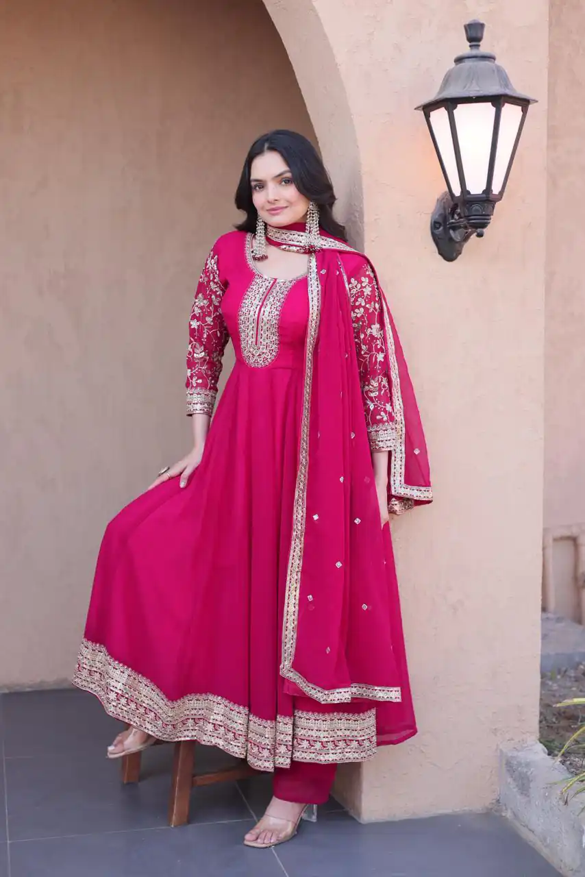 Simple Pink Faux Blooming Embroidery Zari Work Gown - Image 3